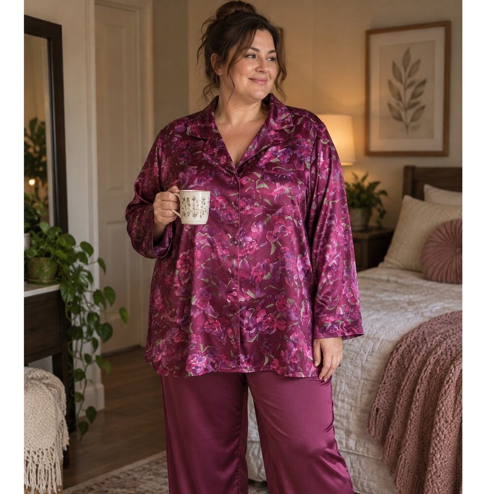 Vintage Y2K Secret Treasures Satin Pajama Top 3XL Jewel Tone Floral Sleep Shirt